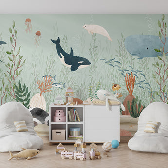 Oliver Robins Peel and Stick / Traditional By The Sea Ocean Animals Nursery Baby Boy Removable Wallpaper - Whale Dolphin Fish Seahorse Gender Neutral