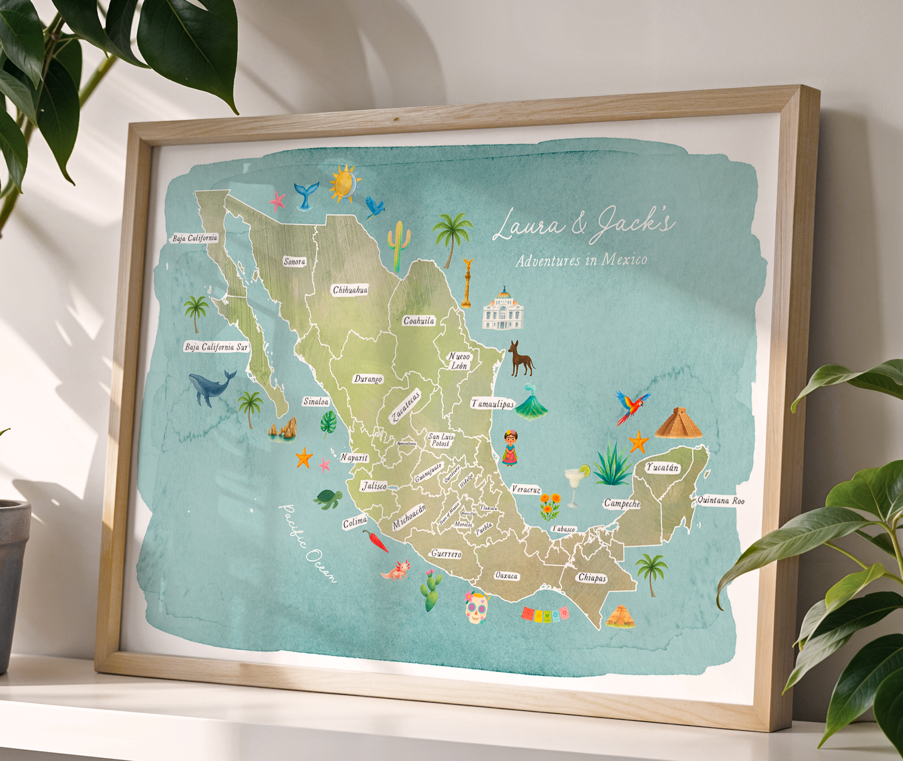 MEXICO - Personalised Scratch Off Map Hand drawn Watercolour World Atlas - Colourful