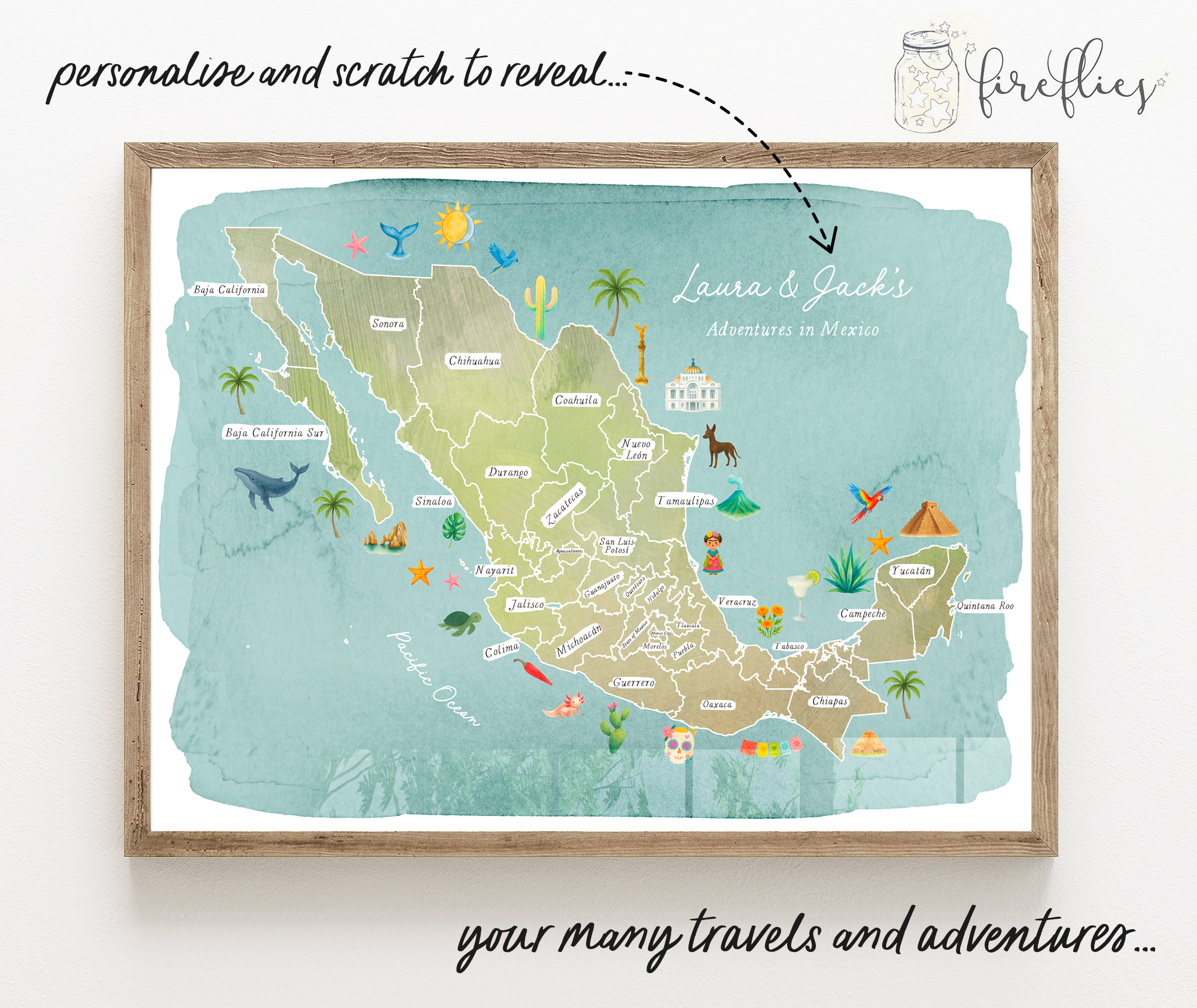 MEXICO - Personalised Scratch Off Map Hand drawn Watercolour World Atlas - Colourful 1