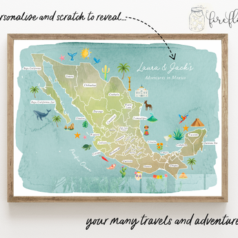 MEXICO - Personalised Scratch Off Map Hand drawn Watercolour World Atlas - Colourful 1