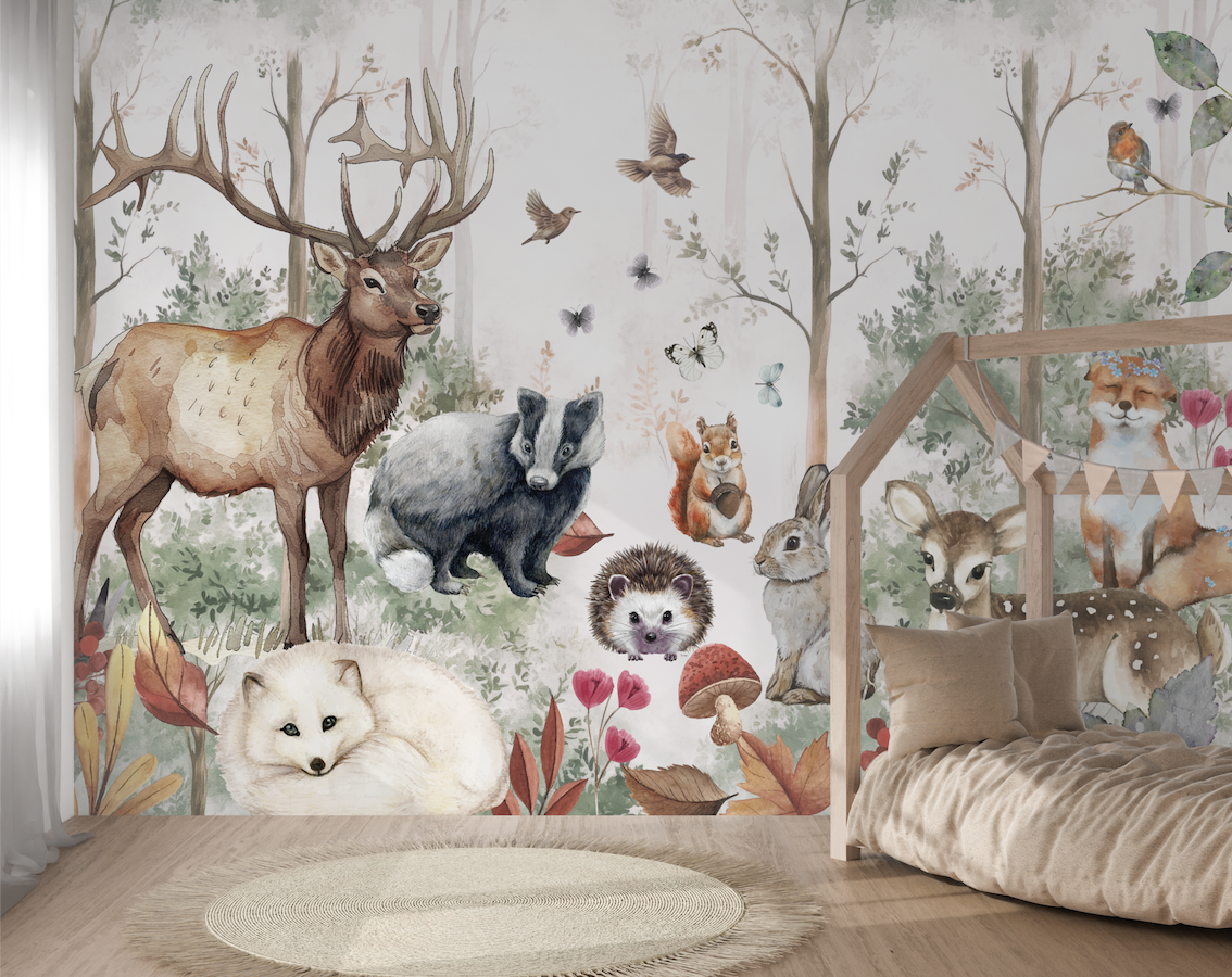 NEW! Peel and Stick or Traditional Woodland Forest Animals Nursery Baby Removable Wallpaper - Trees Bear Mountains Deer Rabbit Flowers Fox 3