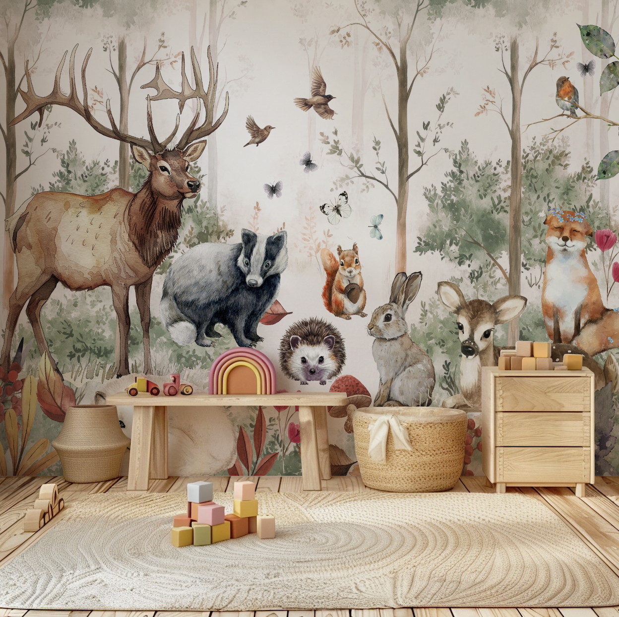 NEW! Peel and Stick or Traditional Woodland Forest Animals Nursery Baby Removable Wallpaper - Trees Bear Mountains Deer Rabbit Flowers Fox 1