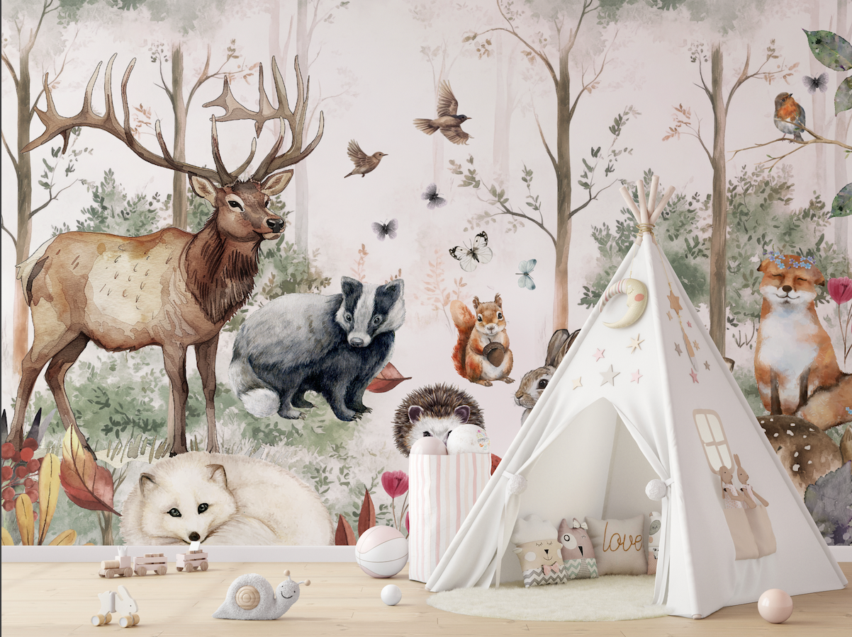 Woodland Forest Animals Nursery Baby Removable Wallpaper - Trees Bear Mountains Deer Rabbit Flowers Fox