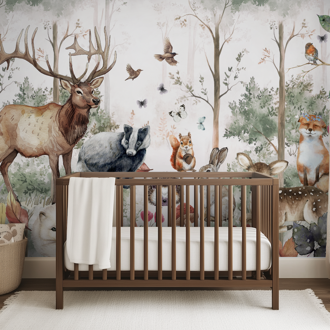 NEW! Peel and Stick or Traditional Woodland Forest Animals Nursery Baby Removable Wallpaper - Trees Bear Mountains Deer Rabbit Flowers Fox 6