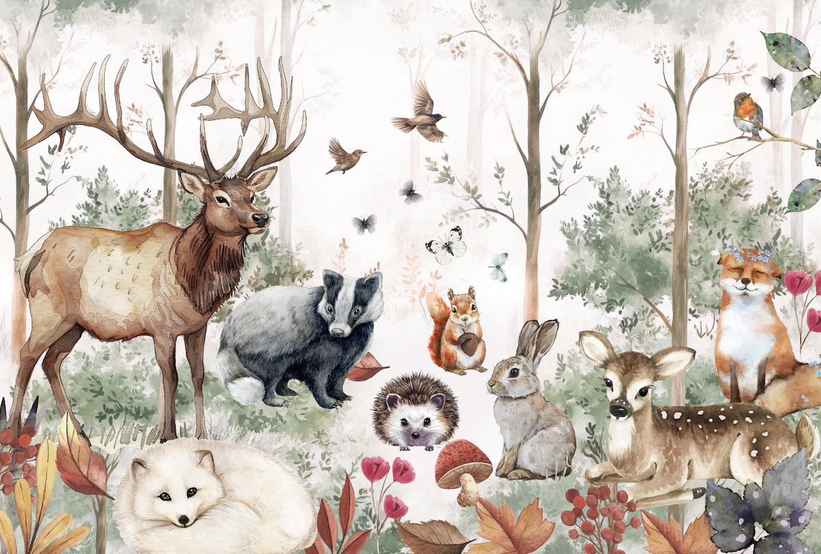 NEW! Peel and Stick or Traditional Woodland Forest Animals Nursery Baby Removable Wallpaper - Trees Bear Mountains Deer Rabbit Flowers Fox 7