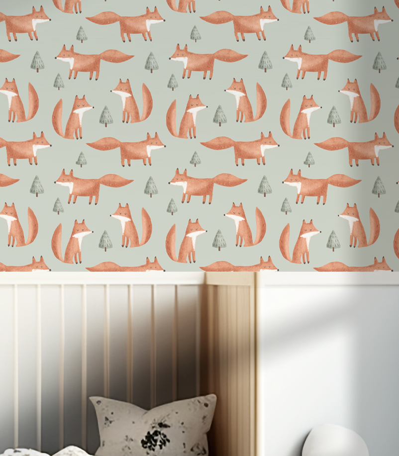 NEW! Peel and Stick or Traditional Woodland Forest Animals Nursery Baby Removable Wallpaper Pattern - FOX