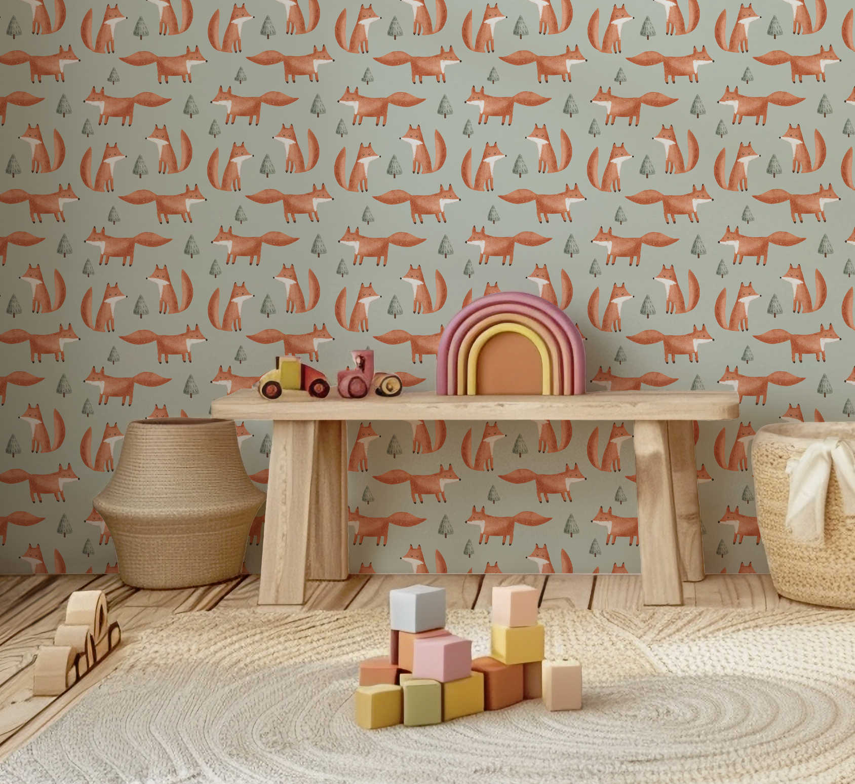NEW! Peel and Stick or Traditional Woodland Forest Animals Nursery Baby Removable Wallpaper Pattern - FOX