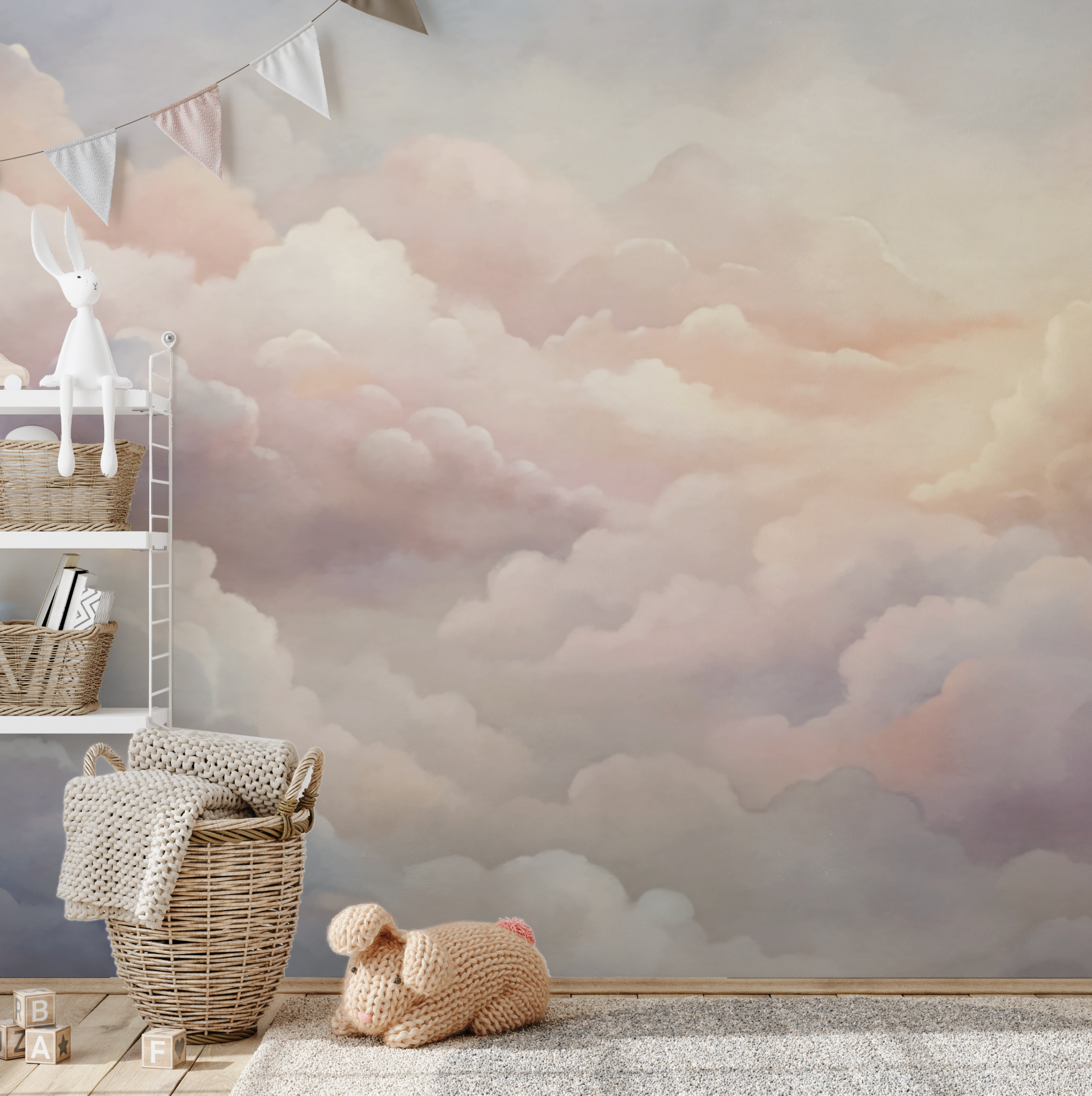 Peel and Stick and DREAMY Star Neutral Up in the Clouds Wall Mural Nursery Bedroom Wallpaper - Silver, Blush and Blue