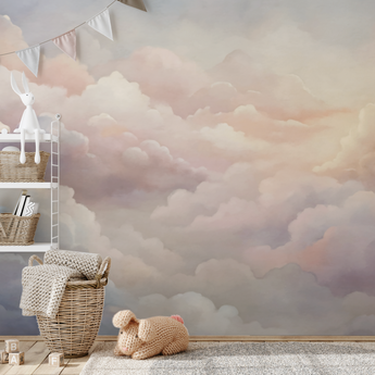 Peel and Stick and DREAMY Star Neutral Up in the Clouds Wall Mural Nursery Bedroom Wallpaper - Silver, Blush and Blue