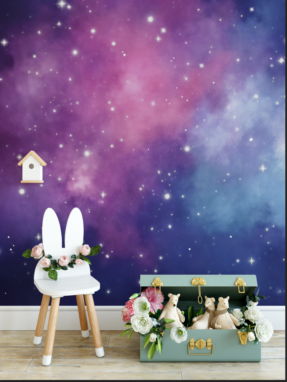 Peel and Stick and Traditional Galaxy Purple Blue and Pink Night Sky Wall Mural Nursery Bedroom Wallpaper - Stars Galaxy and Clouds