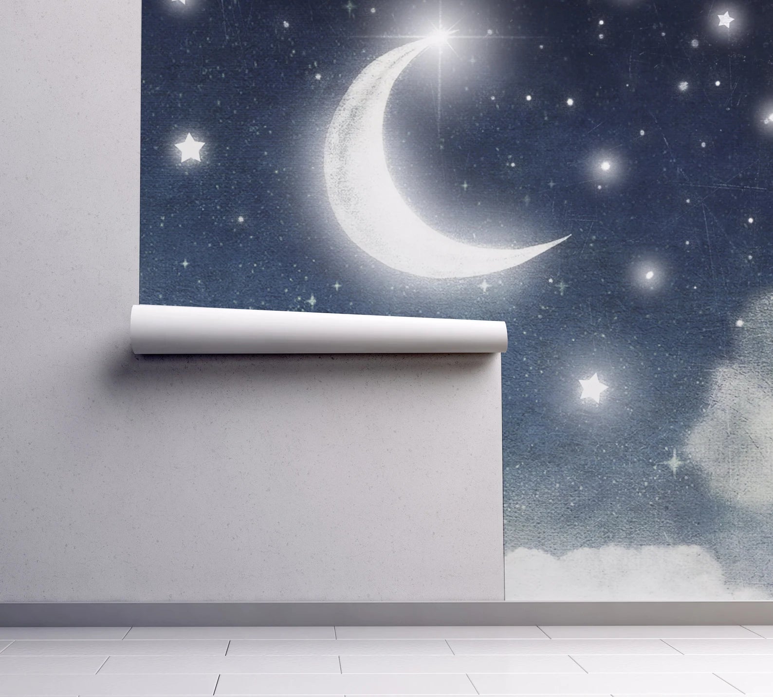 Peel and Stick and Traditional Starry Night Sky Wall Mural Nursery Bedroom Wallpaper - Stars Cresent Moon Clouds 3
