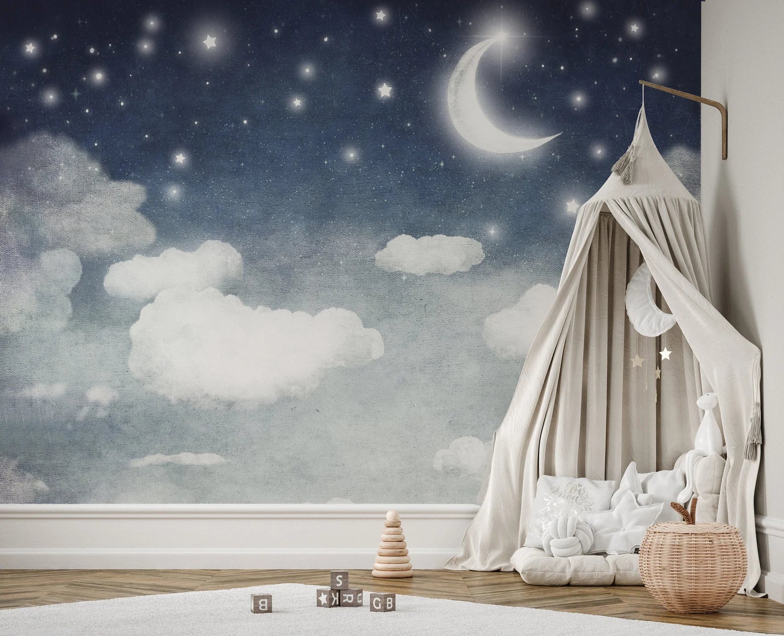 Peel and Stick and Traditional Starry Night Sky Wall Mural Nursery Bedroom Wallpaper - Stars Cresent Moon Clouds 6