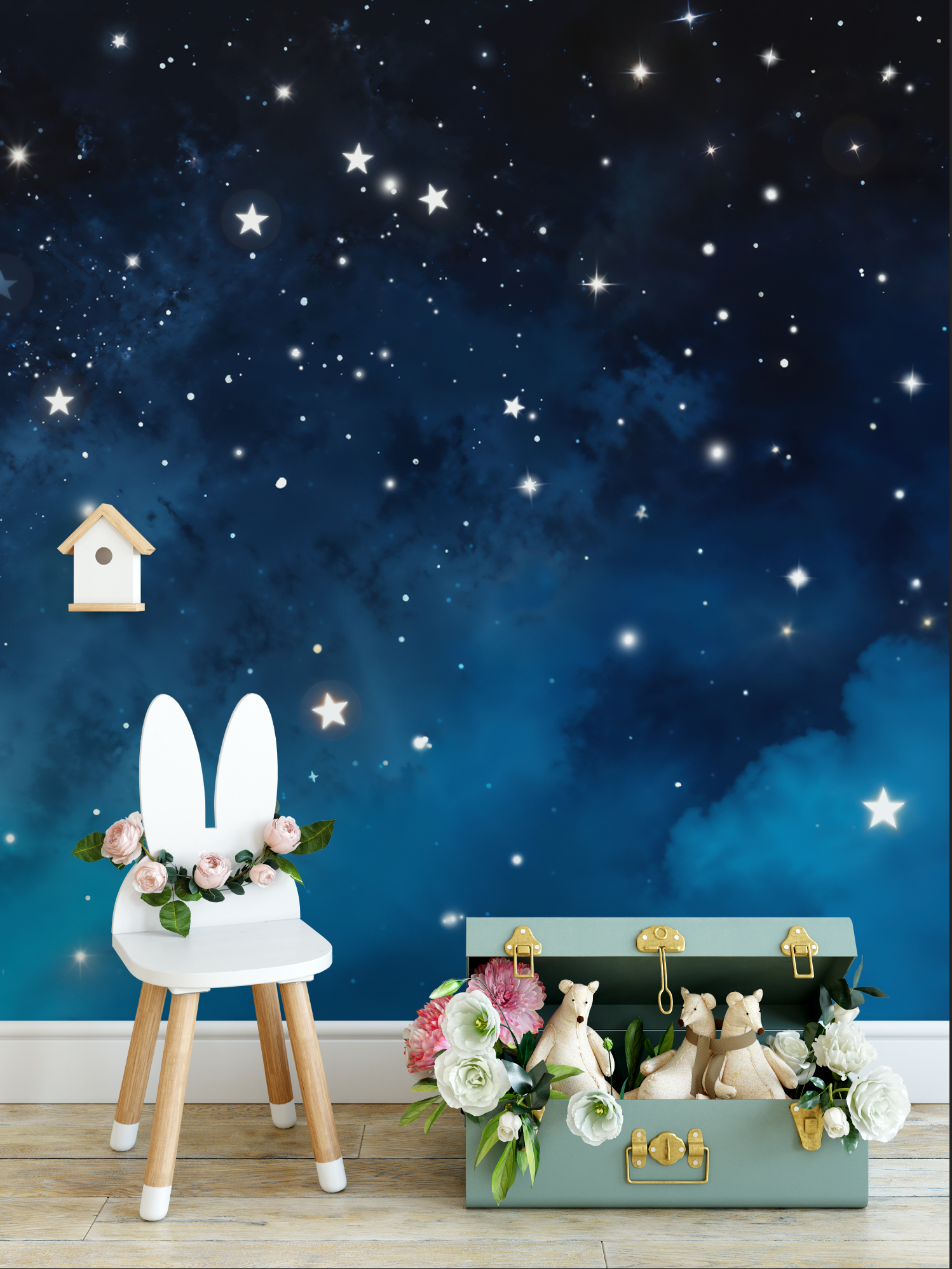 Peel and Stick and Traditional Starry Night Sky Wall Mural Nursery Bedroom Wallpaper - Stars Galaxy and Clouds