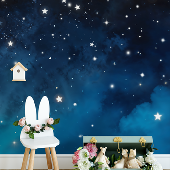 Peel and Stick and Traditional Starry Night Sky Wall Mural Nursery Bedroom Wallpaper - Stars Galaxy and Clouds