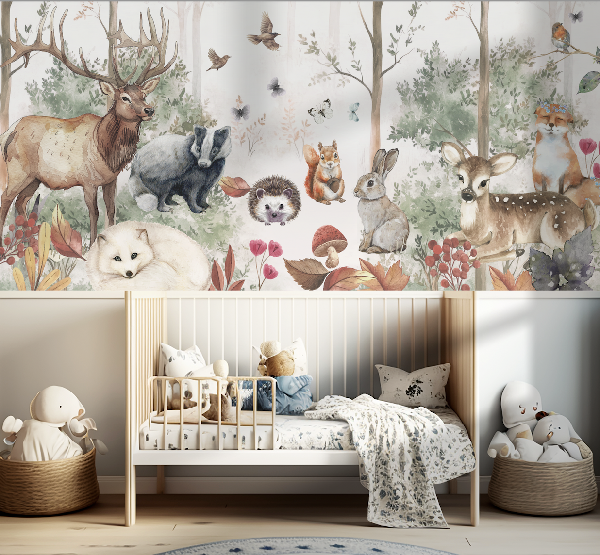 NEW! Peel and Stick or Traditional Woodland Forest Animals Nursery Baby Removable Wallpaper - Trees Bear Mountains Deer Rabbit Flowers Fox 4