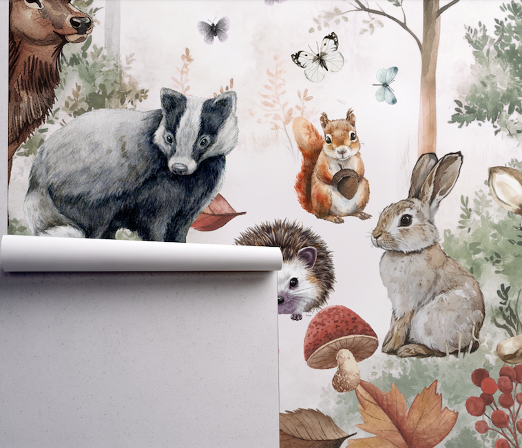 NEW! Peel and Stick or Traditional Woodland Forest Animals Nursery Baby Removable Wallpaper - Trees Bear Mountains Deer Rabbit Flowers Fox 2