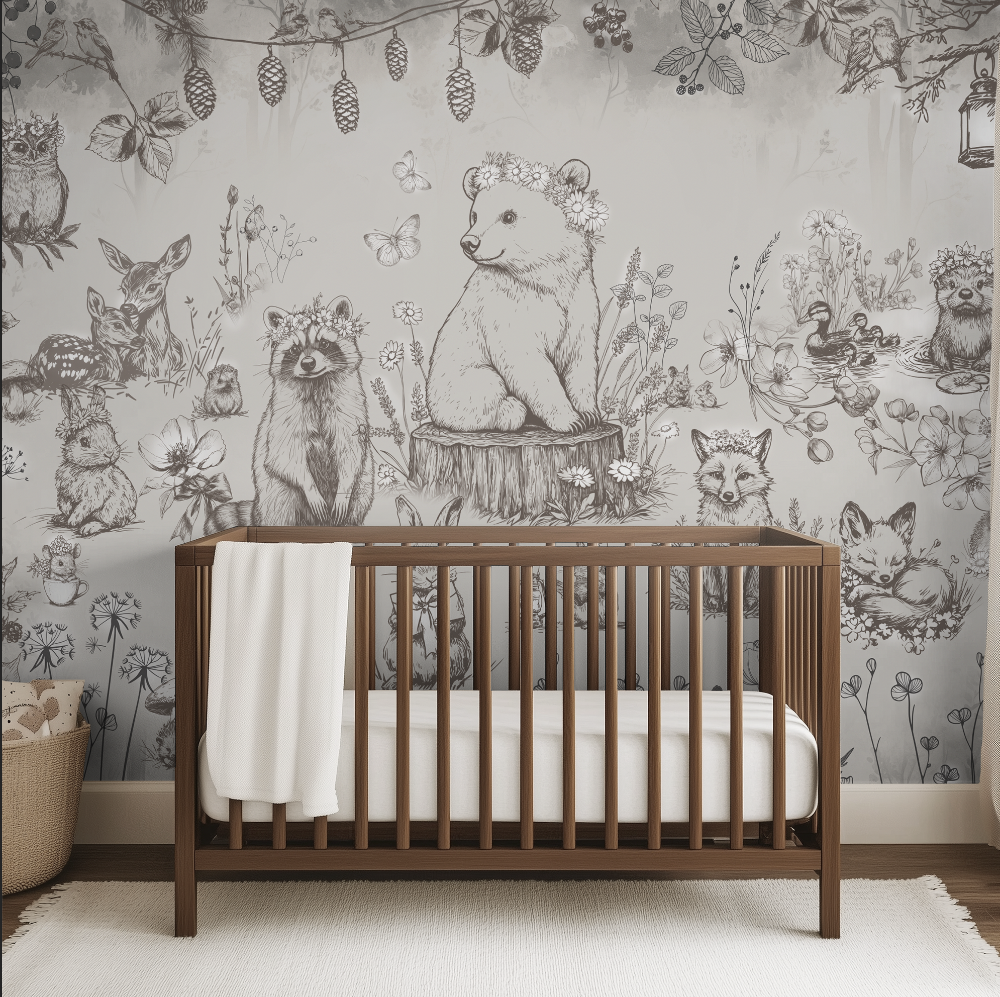 Peel and Stick or Traditional Woodland Forest Animals Nursery Baby Removable Wallpaper - Trees Bear Racoon Rabbits Fox - NEUTRAL Beige