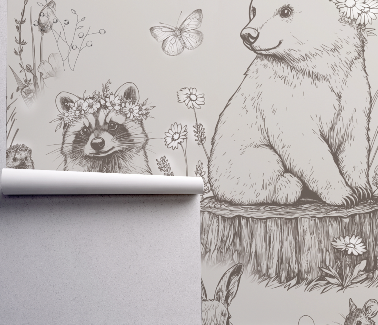 Peel and Stick or Traditional Woodland Forest Animals Nursery Baby Removable Wallpaper - Trees Bear Racoon Rabbits Fox - NEUTRAL Beige 1