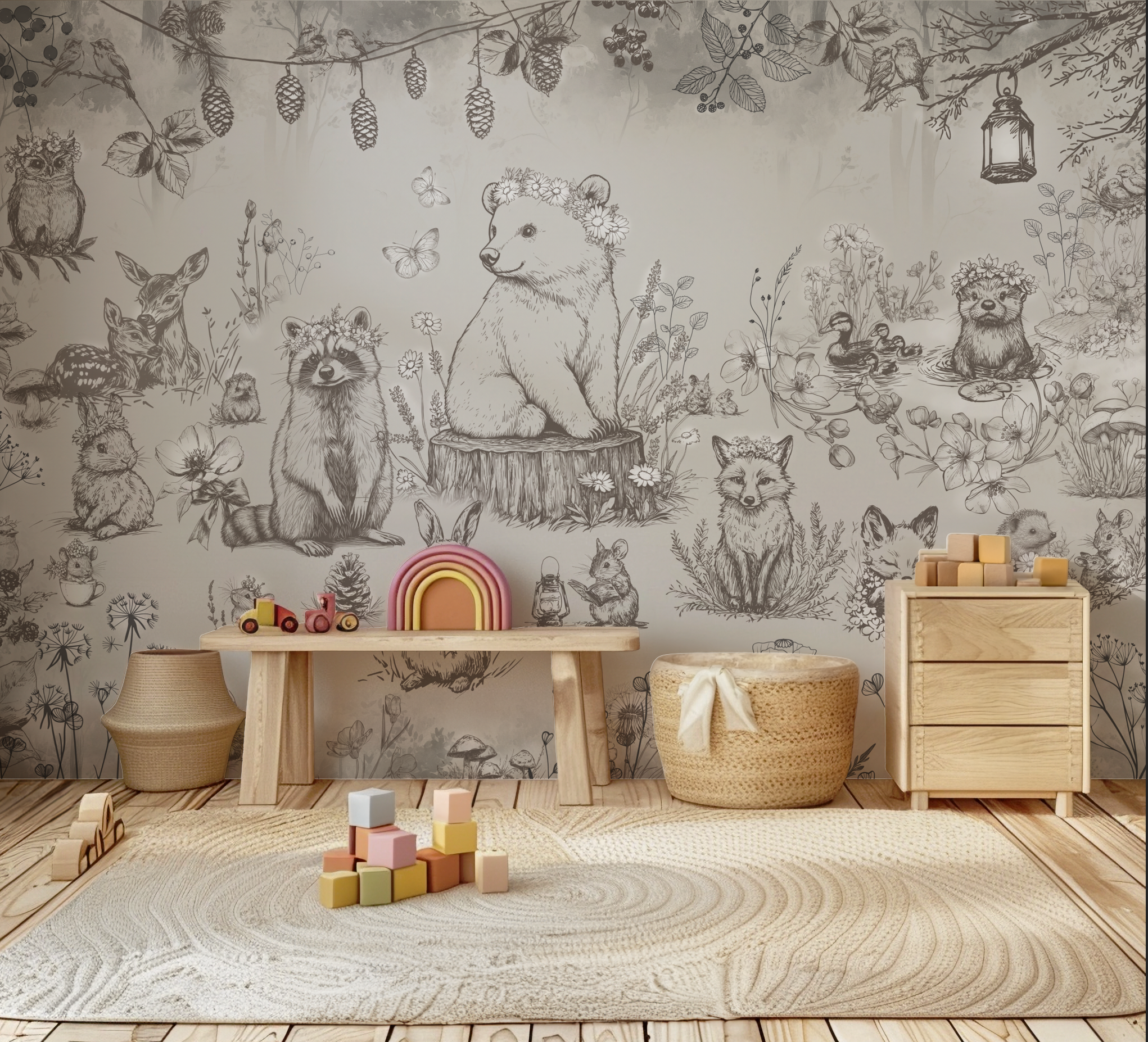 Peel and Stick or Traditional Woodland Forest Animals Nursery Baby Removable Wallpaper - Trees Bear Racoon Rabbits Fox - NEUTRAL Beige 10