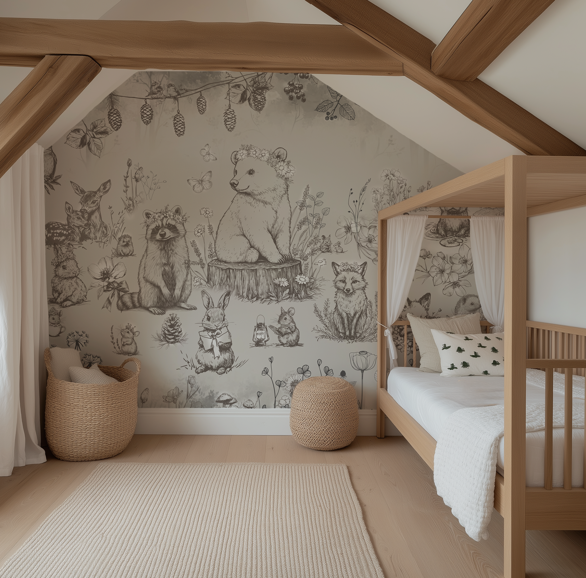 Peel and Stick or Traditional Woodland Forest Animals Nursery Baby Removable Wallpaper - Trees Bear Racoon Rabbits Fox - NEUTRAL Beige 11