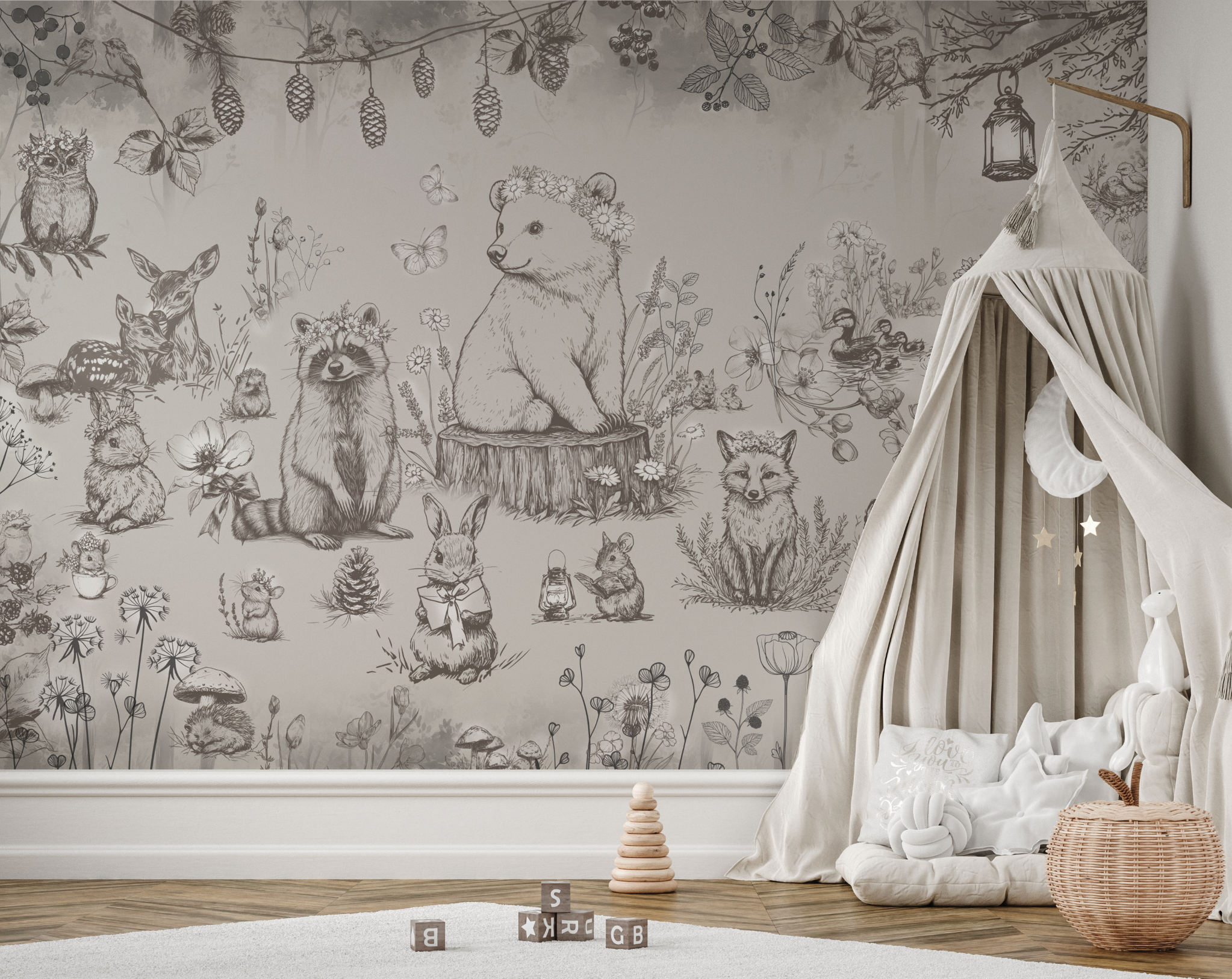 Peel and Stick or Traditional Woodland Forest Animals Nursery Baby Removable Wallpaper - Trees Bear Racoon Rabbits Fox - NEUTRAL Beige 3