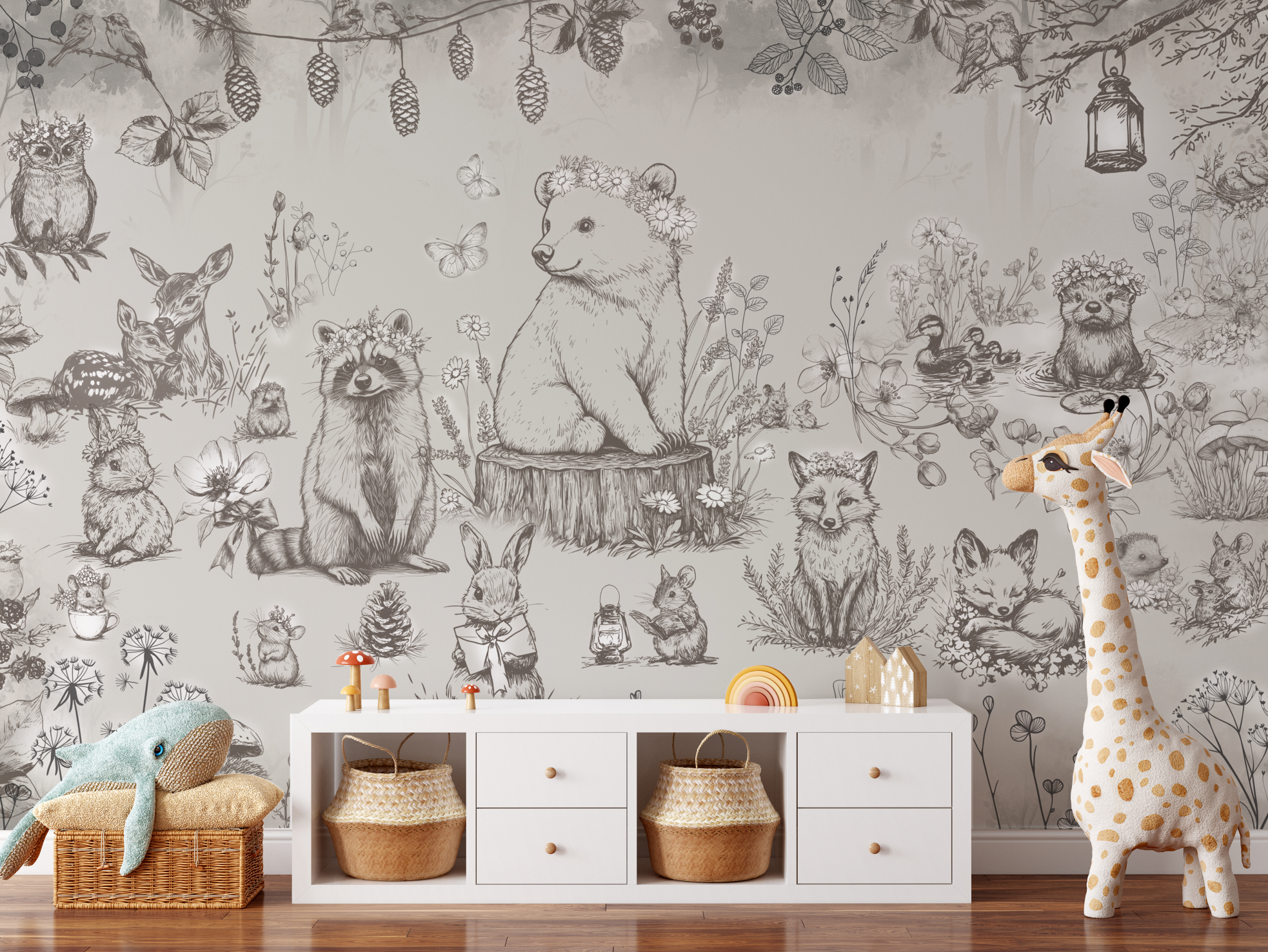 Peel and Stick or Traditional Woodland Forest Animals Nursery Baby Removable Wallpaper - Trees Bear Racoon Rabbits Fox - NEUTRAL Beige 6