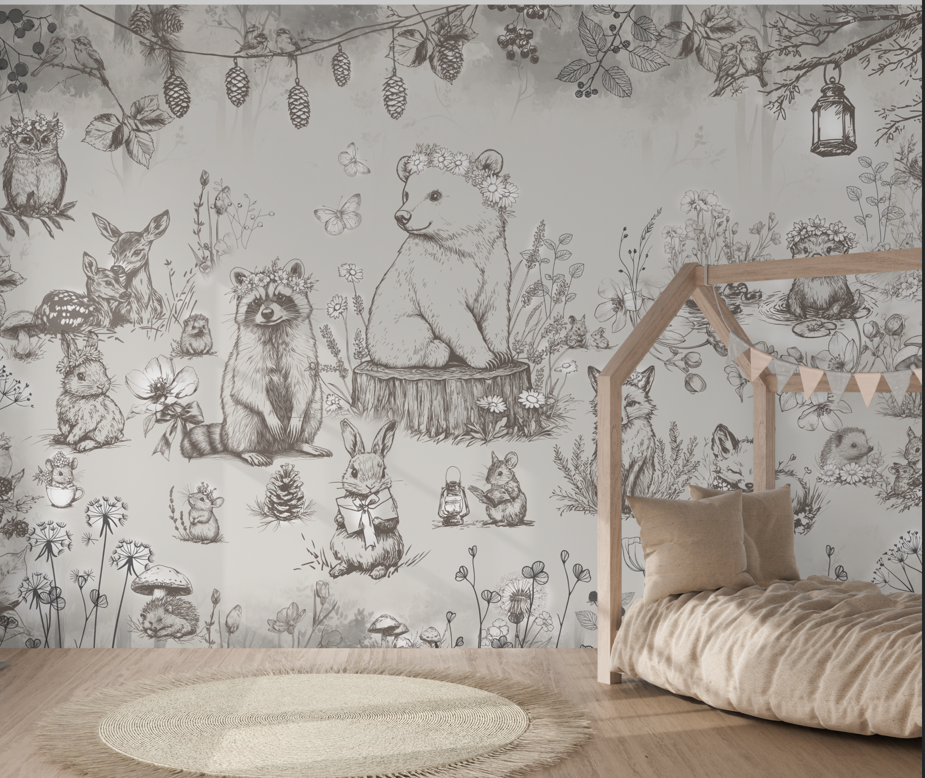 Peel and Stick or Traditional Woodland Forest Animals Nursery Baby Removable Wallpaper - Trees Bear Racoon Rabbits Fox - NEUTRAL Beige 7