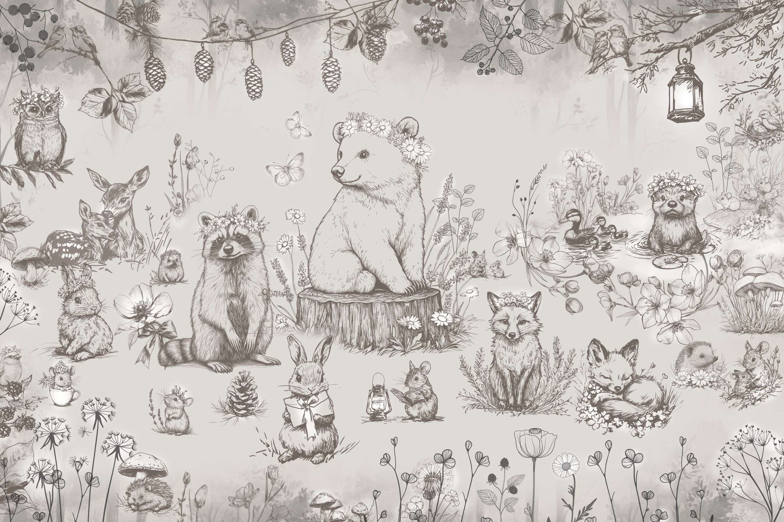 Peel and Stick or Traditional Woodland Forest Animals Nursery Baby Removable Wallpaper - Trees Bear Racoon Rabbits Fox - NEUTRAL Beige 8