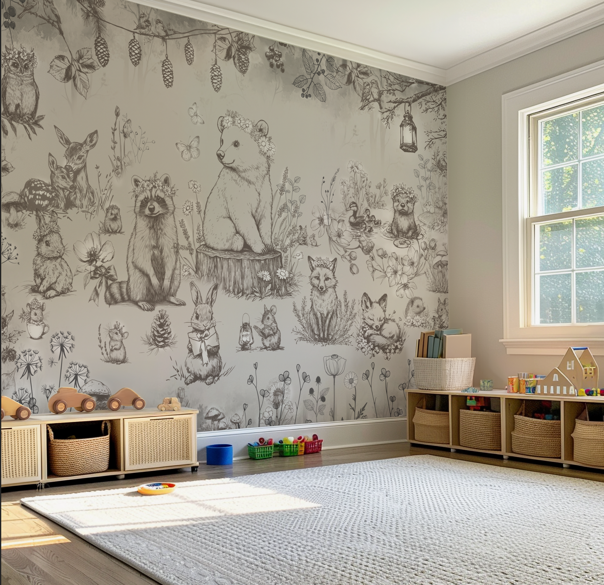 Peel and Stick or Traditional Woodland Forest Animals Nursery Baby Removable Wallpaper - Trees Bear Racoon Rabbits Fox - NEUTRAL Beige 9