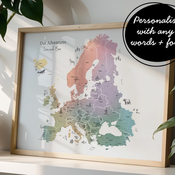 Personalised Scratch Off Map Hand drawn Watercolour Atlas - EUROPE european map

Our customisable &amp; personalised EUROPE Travel Map Scratch Off Map allows you to track your adventures with scratch tool included in purchase (included with purchase). Pick wording and design from a variety of fonts. Our maps make the perfect gift for couples, families and those dreaming of seeing everywhere on their bucket list!