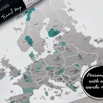 Personalised Scratch Off Map Hand drawn Watercolour Atlas - EUROPE european map

Our customisable &amp; personalised EUROPE Travel Map Scratch Off Map allows you to track your adventures with scratch tool included in purchase (included with purchase). Pick wording and design from a variety of fonts. Our maps make the perfect gift for couples, families and those dreaming of seeing everywhere on their bucket list!