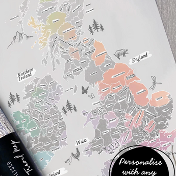 Personalised Scratch Off Map Hand drawn Watercolour UK MAP

Our customisable &amp; personalised UK Travel Map Scratch Off Map allows you to track your adventures with scratch tool included in purchase (included with purchase). Pick wording and design from a variety of fonts. Our maps make the perfect gift for couples, families and those dreaming of seeing everywhere on their bucket list!