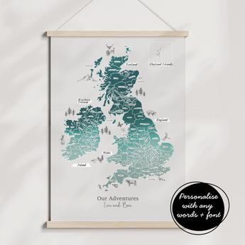 Personalised Scratch Off Map Hand drawn Watercolour UK MAP

Our customisable &amp; personalised UK Travel Map Scratch Off Map allows you to track your adventures with scratch tool included in purchase (included with purchase). Pick wording and design from a variety of fonts. Our maps make the perfect gift for couples, families and those dreaming of seeing everywhere on their bucket list!

CHOOSE BETWEEN :
PRINT-No Scratch off - No scratch remove layer, just the print beneath will be printed.
SCRATCH OFF pri