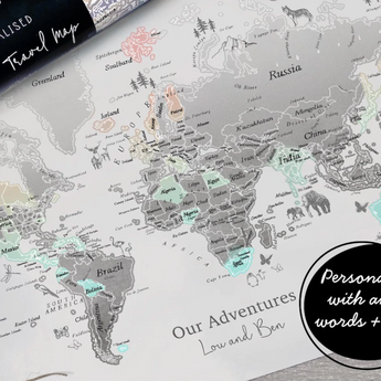 Personalised Scratch Off Map Hand drawn Watercolour World Atlas - Orange Pink and Turquoise

Our customisable &amp; personalised World Travel Map Scratch Off Map allows you to track your adventures with scratch tool included in purchase (included with purchase). Pick wording and design from a variety of fonts. Our maps make the perfect gift for couples, families and those dreaming of seeing everywhere on their bucket list!