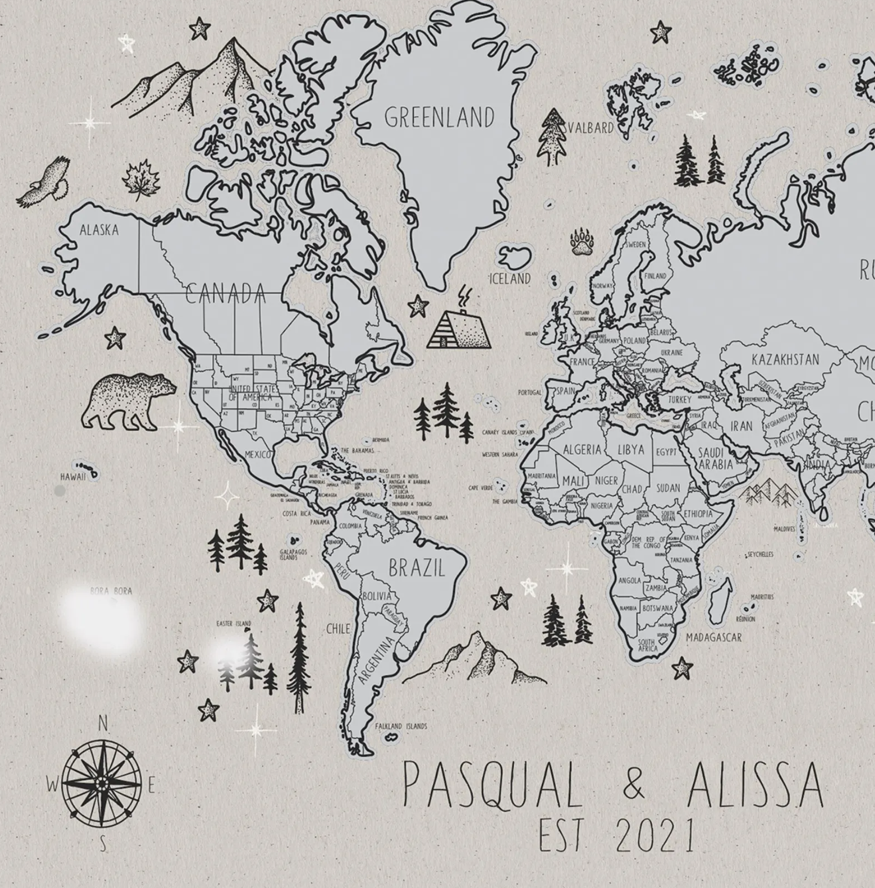 Personalised Camping Sketches Edition - Scratch Off Map Hand drawn Illustrated World Atlas