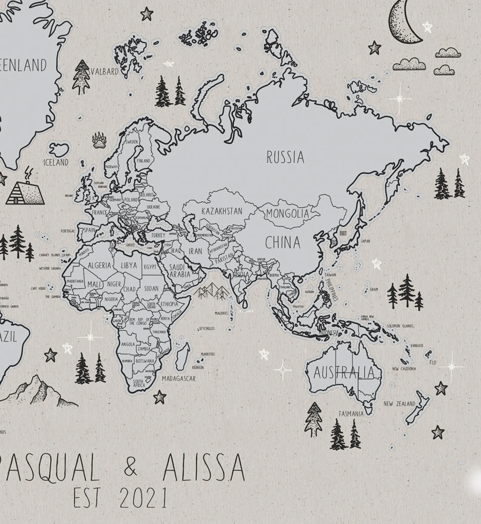 Personalised Camping Sketches Edition - Scratch Off Map Hand drawn Illustrated World Atlas
