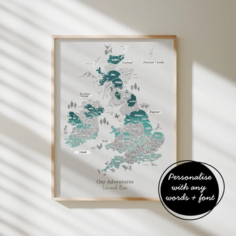 Personalised Scratch Off Map Hand drawn Watercolour UK MAP

Our customisable &amp; personalised UK Travel Map Scratch Off Map allows you to track your adventures with scratch tool included in purchase (included with purchase). Pick wording and design from a variety of fonts. Our maps make the perfect gift for couples, families and those dreaming of seeing everywhere on their bucket list!

CHOOSE BETWEEN :
PRINT-No Scratch off - No scratch remove layer, just the print beneath will be printed.
SCRATCH OFF pri