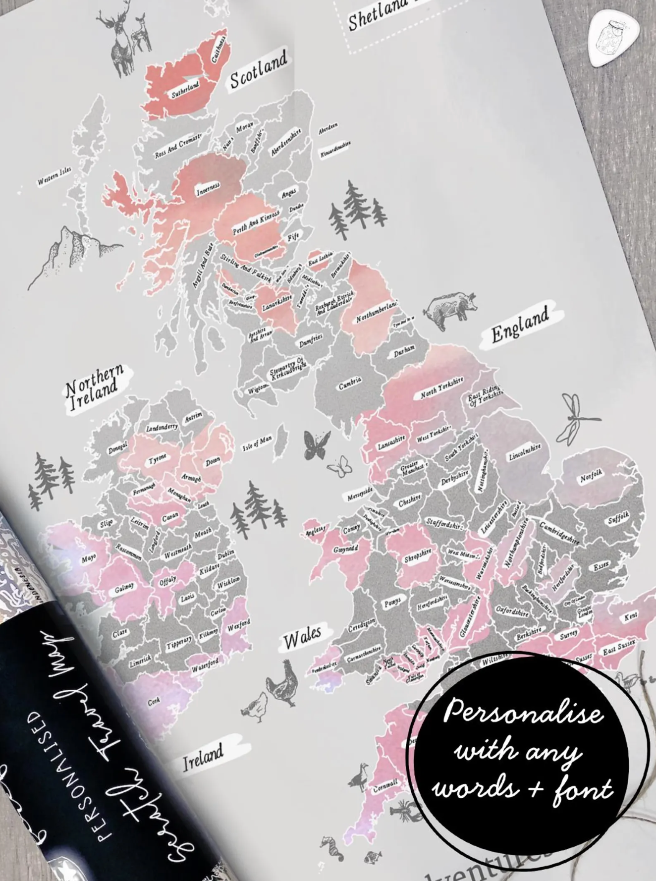 Personalised Scratch Off Map Hand drawn Watercolour UK MAP of England Ireland Scotland - Sea Spray colours - Unicorn Colours