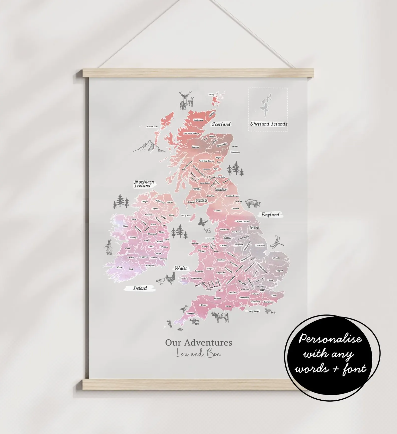 Personalised Scratch Off Map Hand drawn Watercolour UK MAP of England Ireland Scotland - Sea Spray colours - Unicorn Colours 2