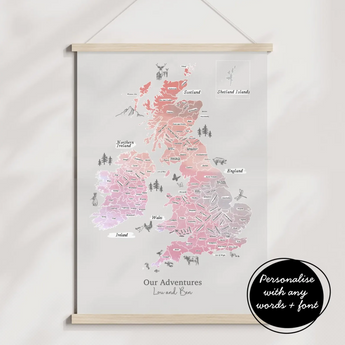Personalised Scratch Off Map Hand drawn Watercolour UK MAP of England Ireland Scotland - Sea Spray colours - Unicorn Colours 2