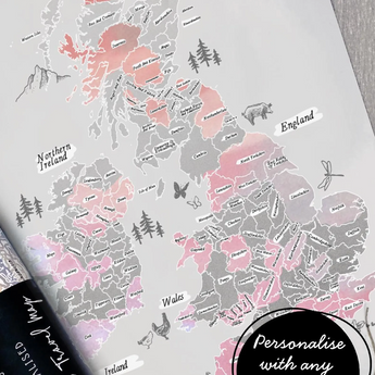 Personalised Scratch Off Map Hand drawn Watercolour UK MAP of England Ireland Scotland - Sea Spray colours - Unicorn Colours