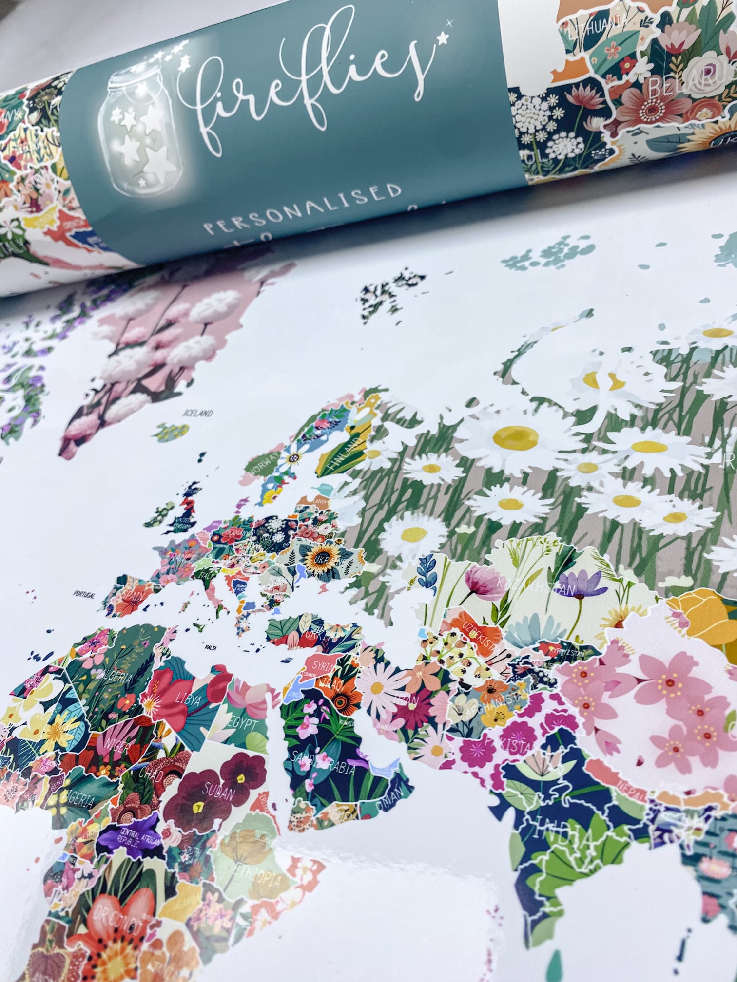 Personalised Scratch Off Map Hand drawn Watercolour World Atlas - FLOWER FLORAL EDITION