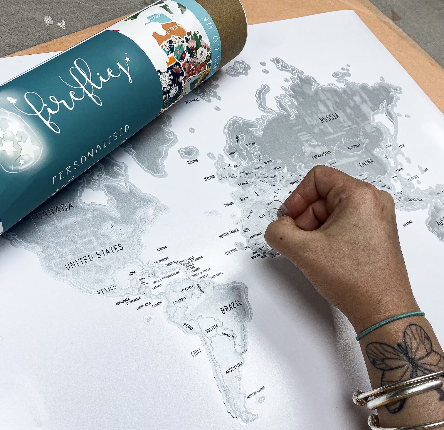 Personalised Scratch Off Map Hand drawn Watercolour World Atlas - FLOWER FLORAL EDITION
