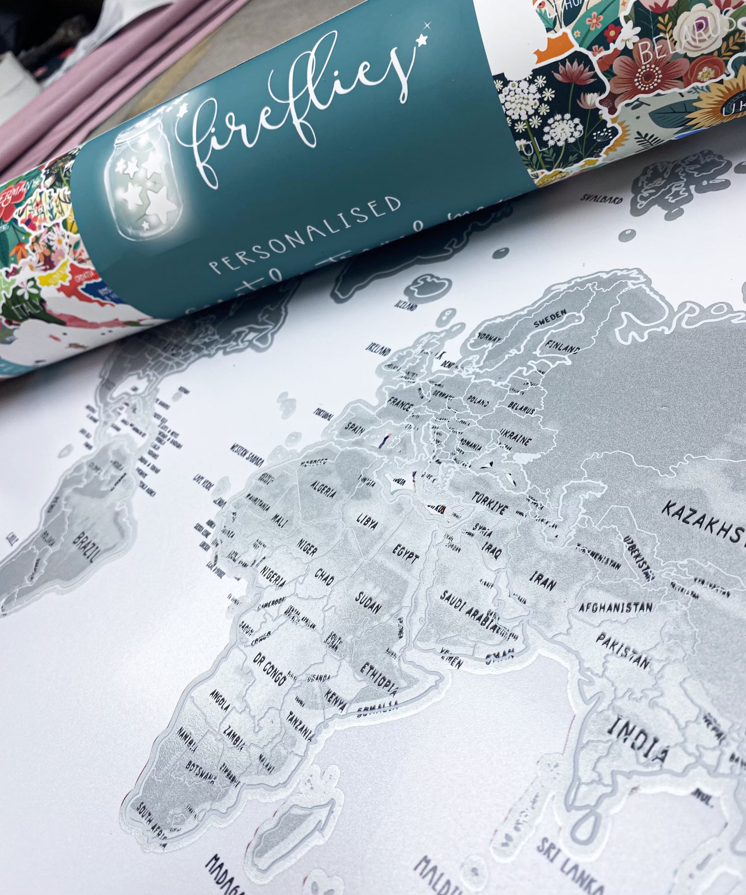 Personalised Scratch Off Map Hand drawn Watercolour World Atlas - FLOWER FLORAL EDITION