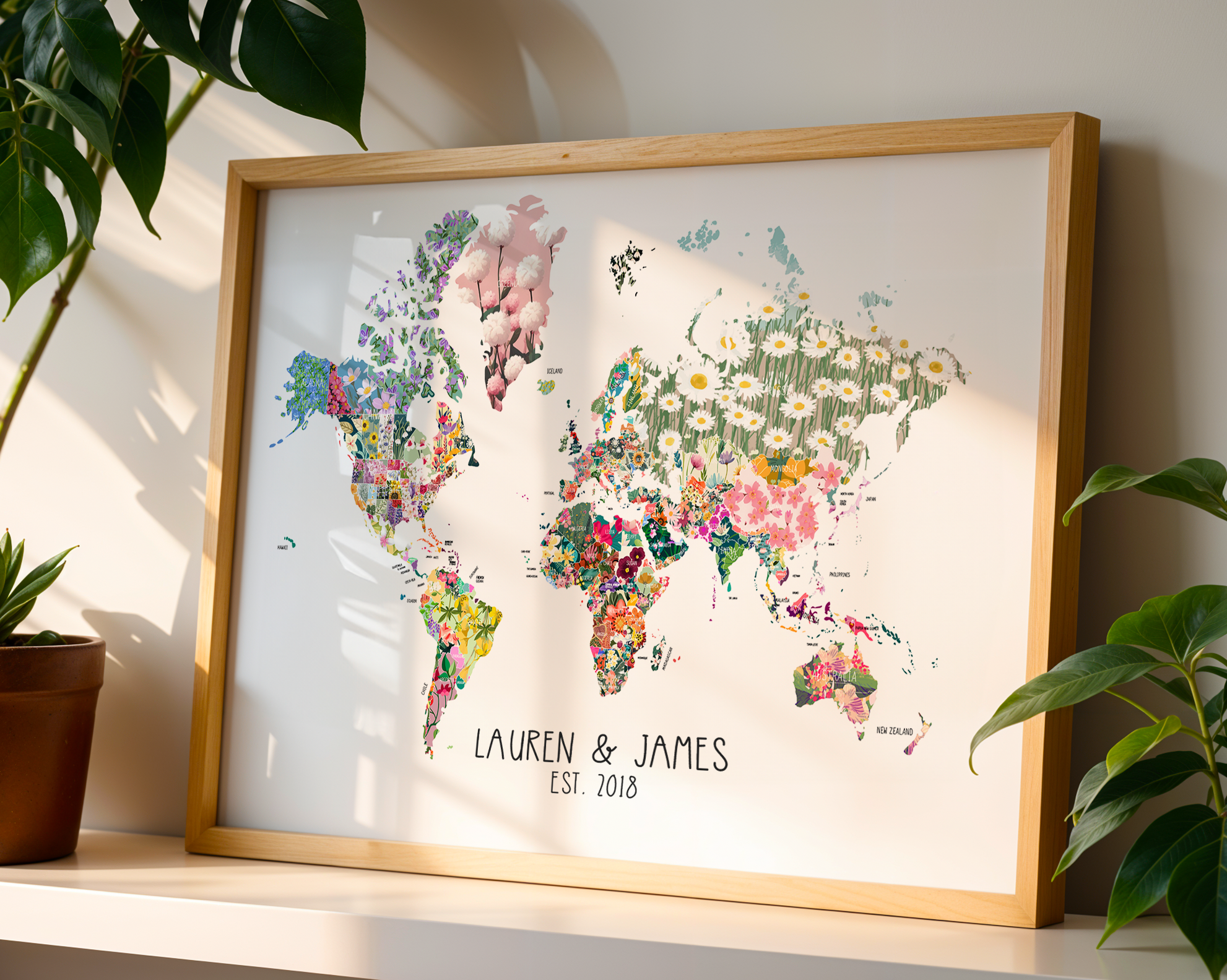Personalised Scratch Off Map Hand drawn Watercolour World Atlas - FLOWER FLORAL EDITION
