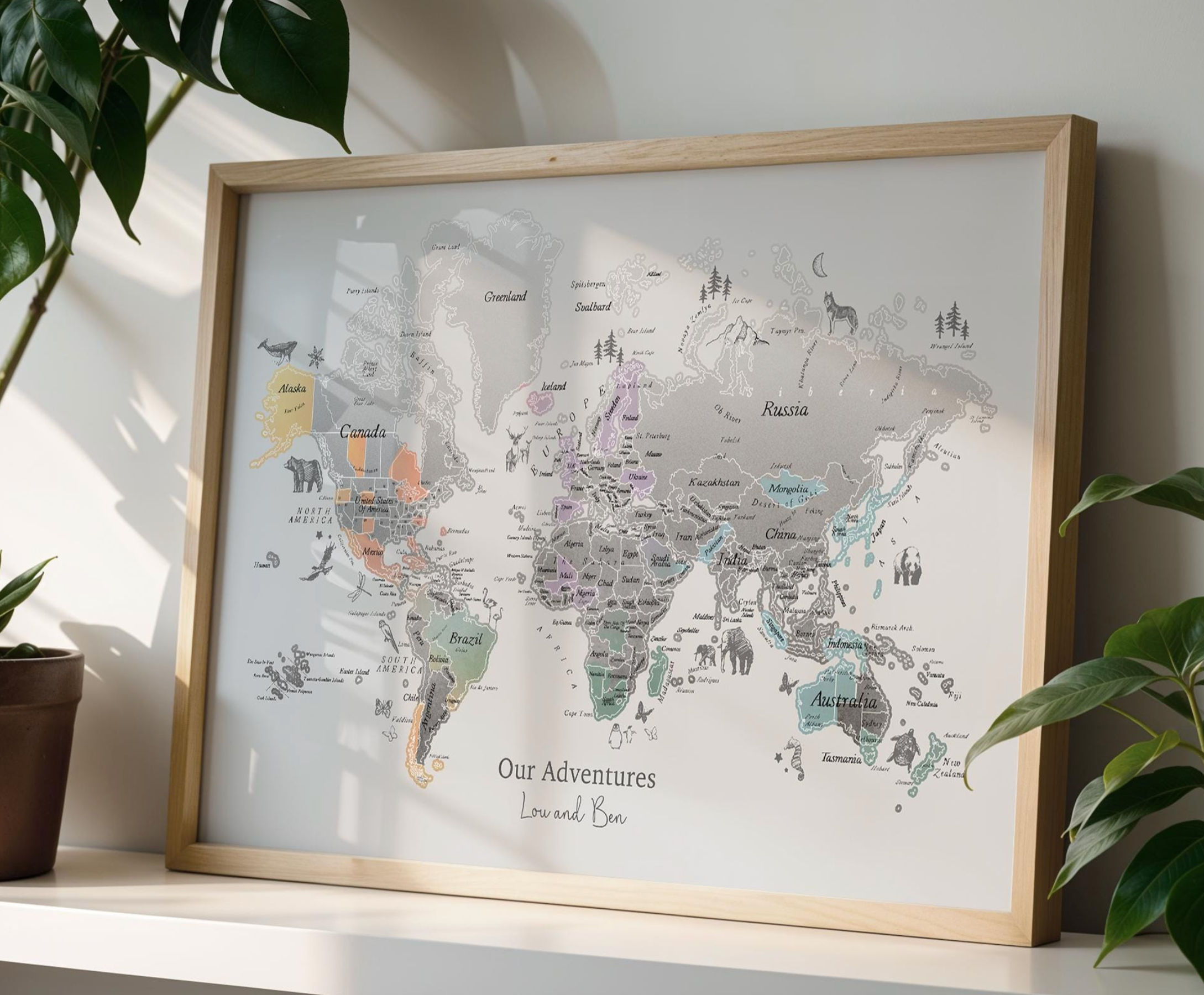 Personalised Scratch Off Map Hand drawn Watercolour World Atlas - RAINBOW