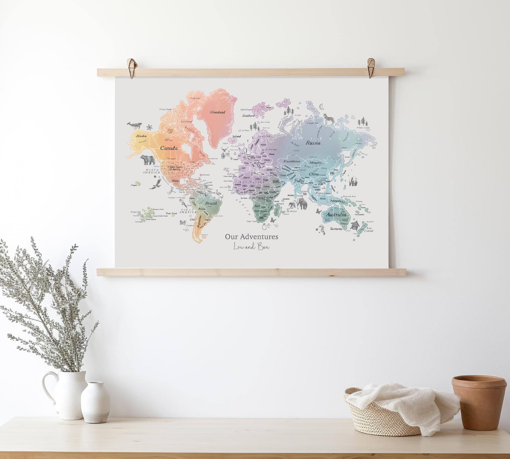 Personalised Scratch Off Map Hand drawn Watercolour World Atlas - RAINBOW 3
