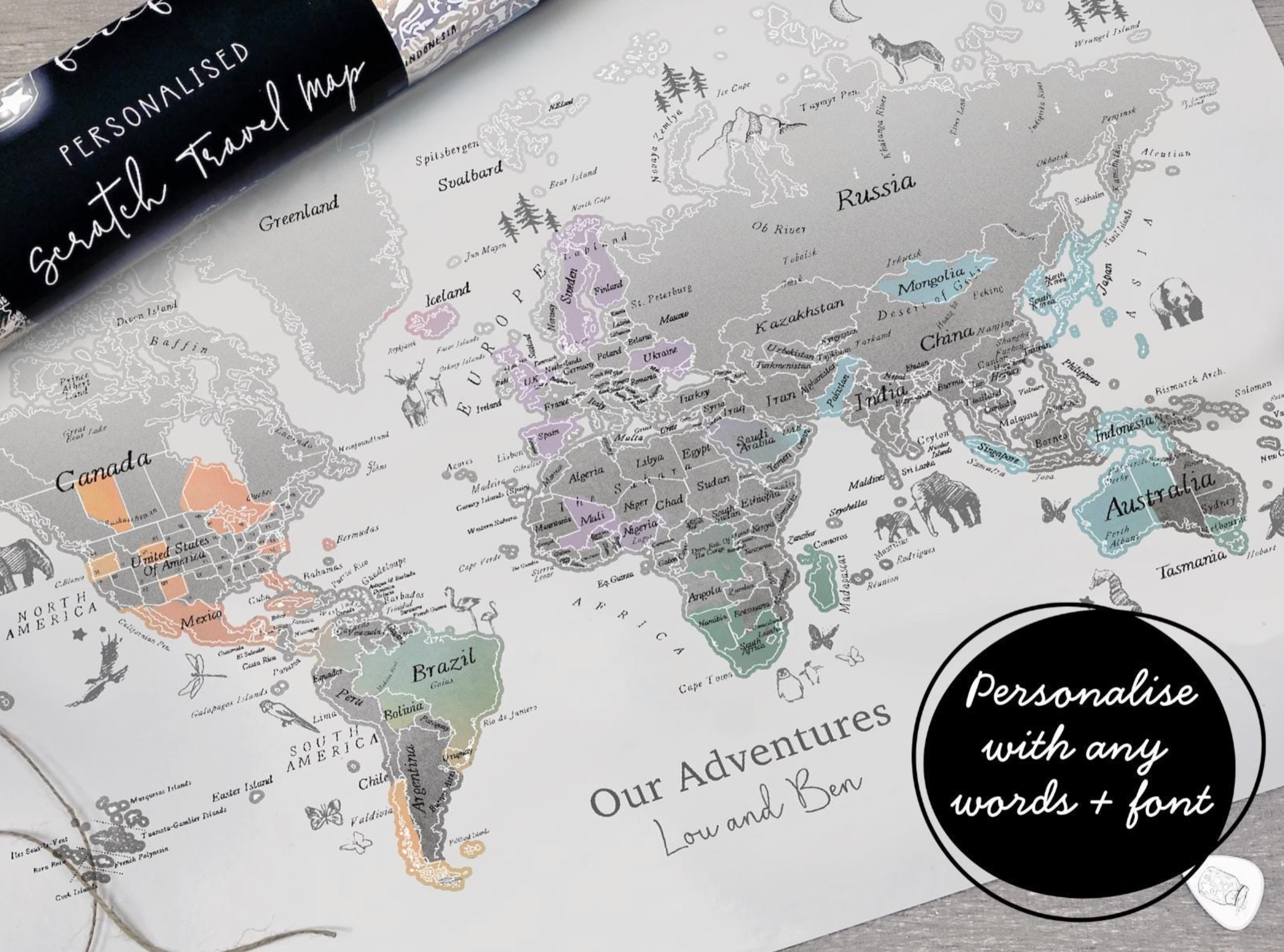 Personalised Scratch Off Map Hand drawn Watercolour World Atlas - RAINBOW 4