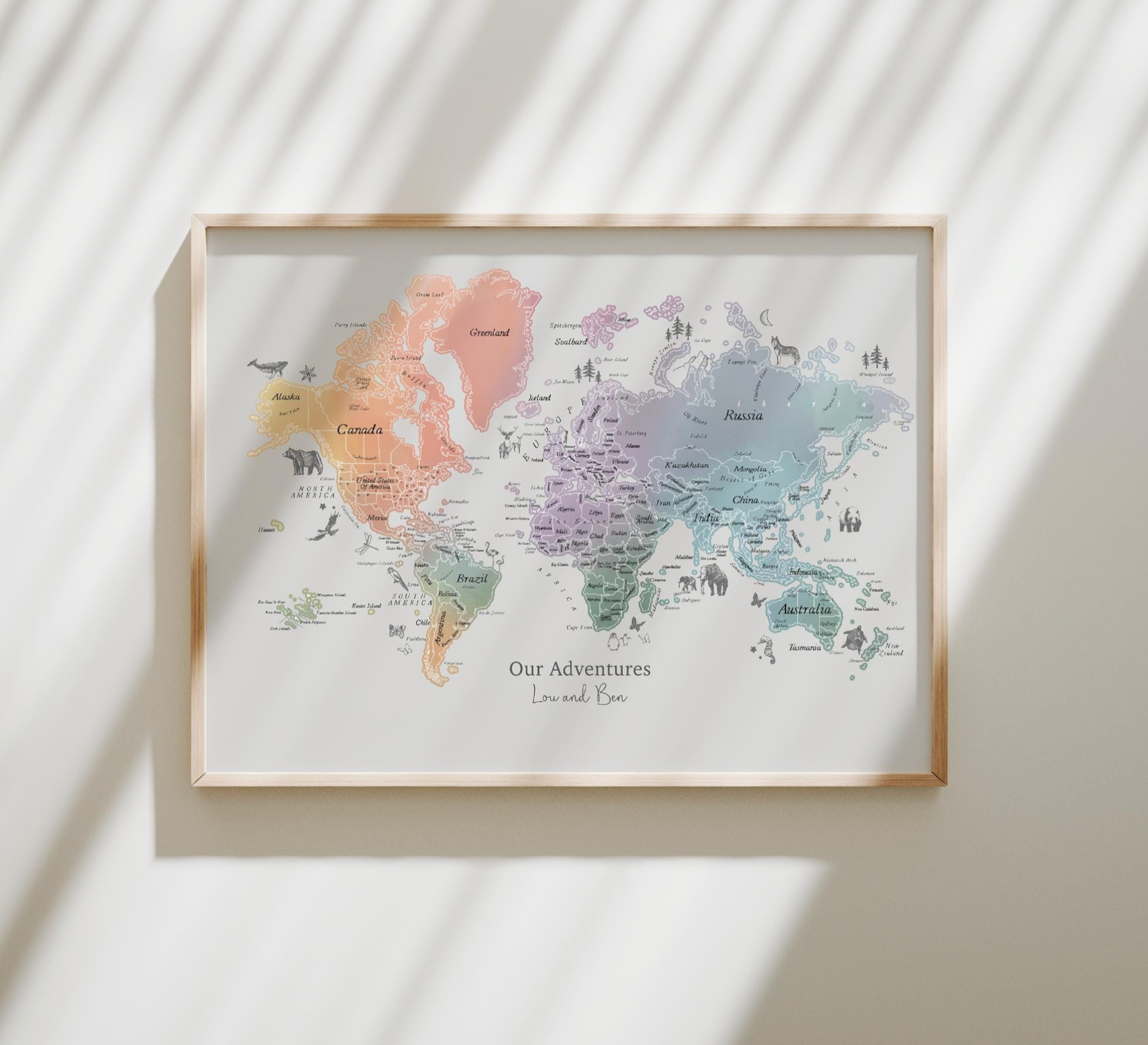 Personalised Scratch Off Map Hand drawn Watercolour World Atlas - RAINBOW 5