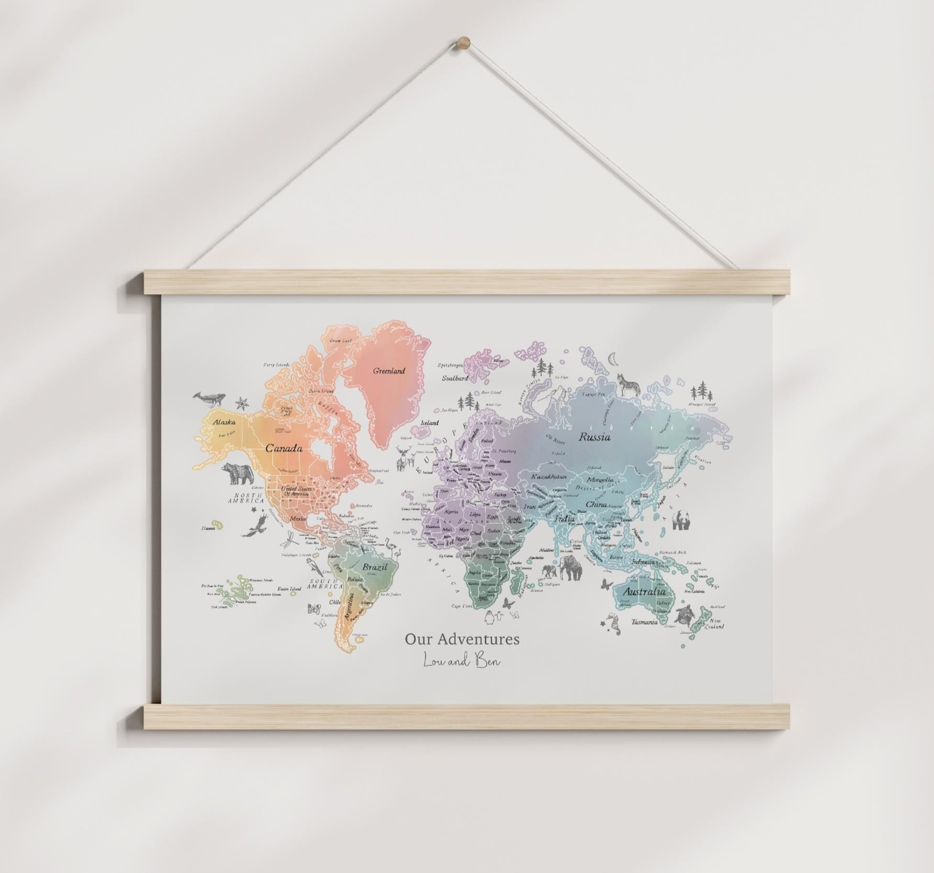 Personalised Scratch Off Map Hand drawn Watercolour World Atlas - RAINBOW 8 